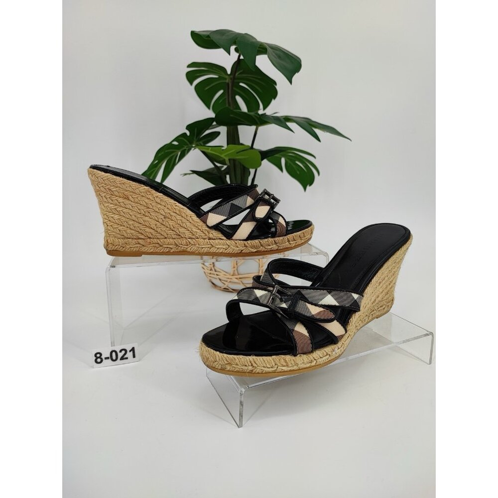 Burberry Nova Check Wedge Espadrilles Women's Size 8 US Leather Black Sandals